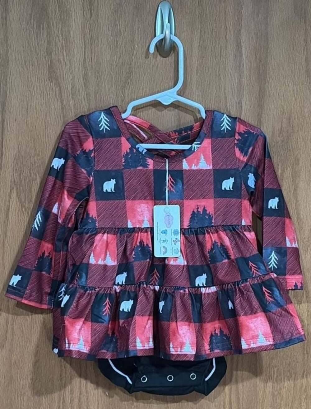 Pete + Lucy Red Buffalo Plaid Bear Tree Long Sleeve Flutter Dress Romper 12-18M